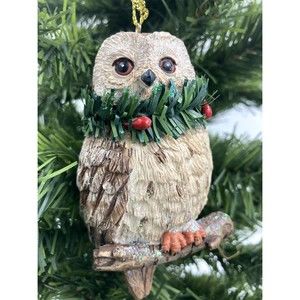 Vintage Hand painted Owl Christmas Ornament Neck Wreath Glitter Snow - 4" Tall